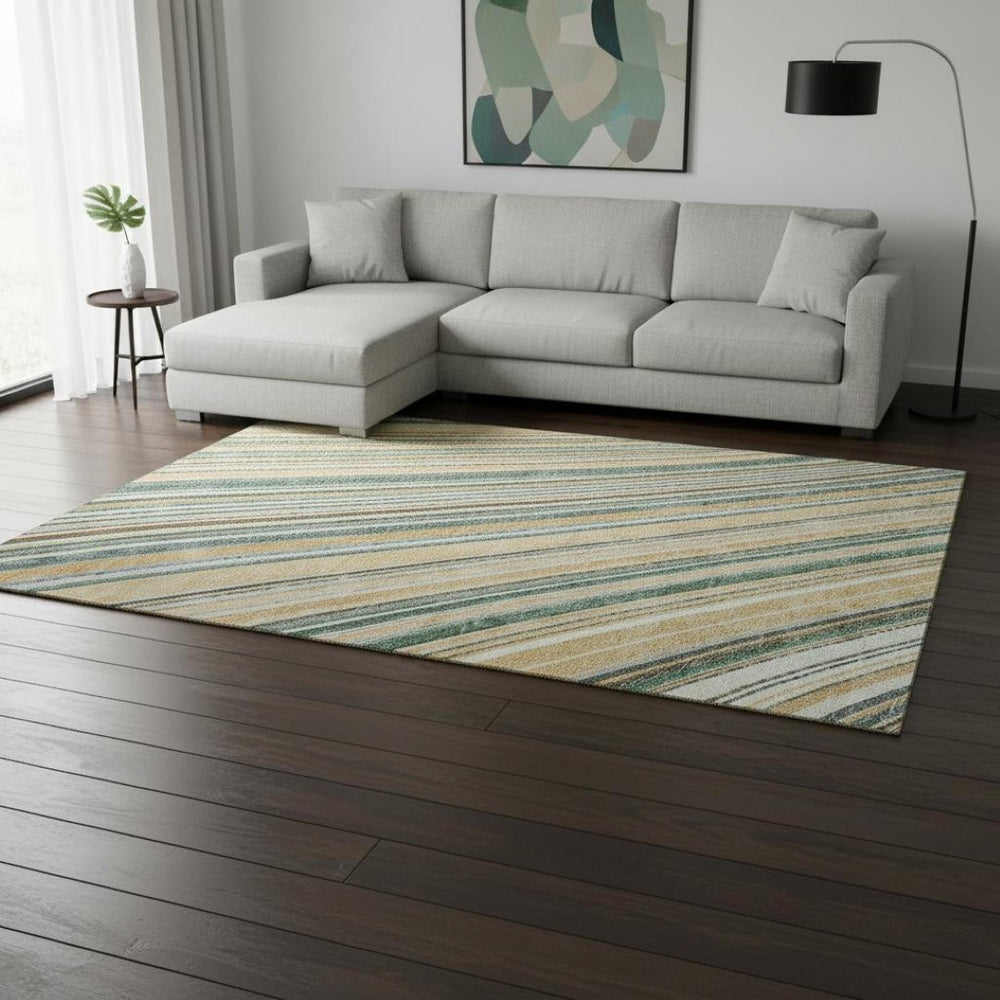 HomeRoots 8' X 10' Beige Gold Sage Striped Area Rug - Durable, Washable, UV Protected for Stylish Living Spaces 677451