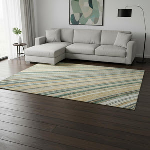 HomeRoots 8' X 10' Beige Gold Sage Striped Area Rug - Durable, Washable, UV Protected for Stylish Living Spaces 677451