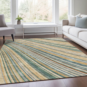 HomeRoots 9' X 12' Durable Beige Gold Sage Striped Area Rug – UV Protected, Stain Resistant, Easy Care Design 677452
