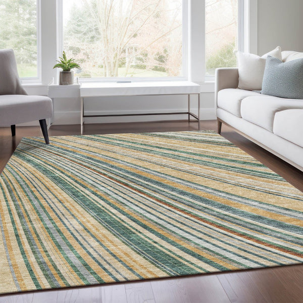 HomeRoots 9' X 12' Durable Beige Gold Sage Striped Area Rug – UV Protected, Stain Resistant, Easy Care Design 677452