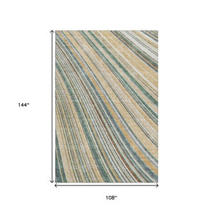 HomeRoots 9' X 12' Durable Beige Gold Sage Striped Area Rug – UV Protected, Stain Resistant, Easy Care Design 677452