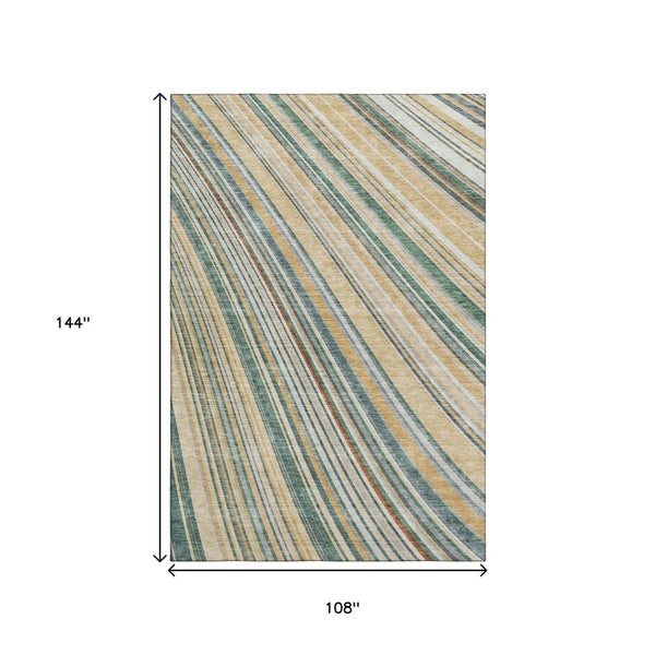 HomeRoots 9' X 12' Durable Beige Gold Sage Striped Area Rug – UV Protected, Stain Resistant, Easy Care Design 677452