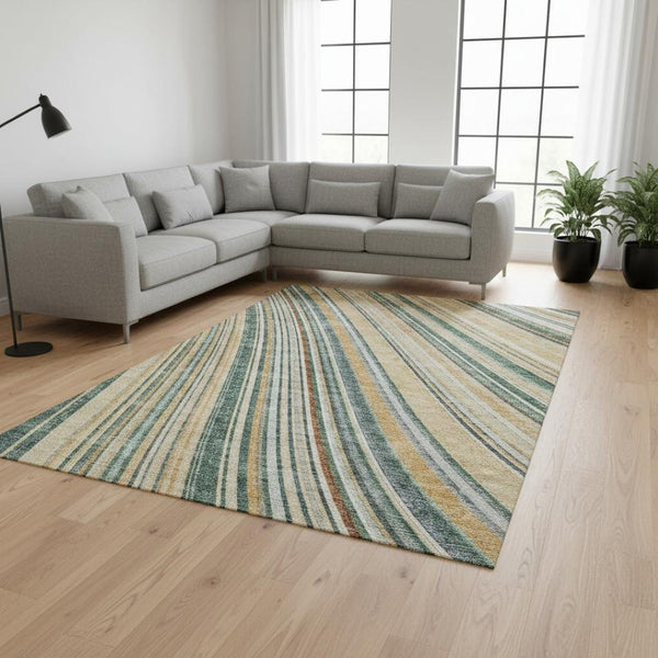 HomeRoots 9' X 12' Durable Beige Gold Sage Striped Area Rug – UV Protected, Stain Resistant, Easy Care Design 677452