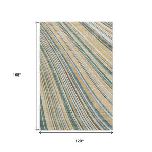 HomeRoots 10' X 14' Beige Gold Sage Striped Area Rug - Machine Washable, UV Resistant, Perfect for Busy Homes 677453