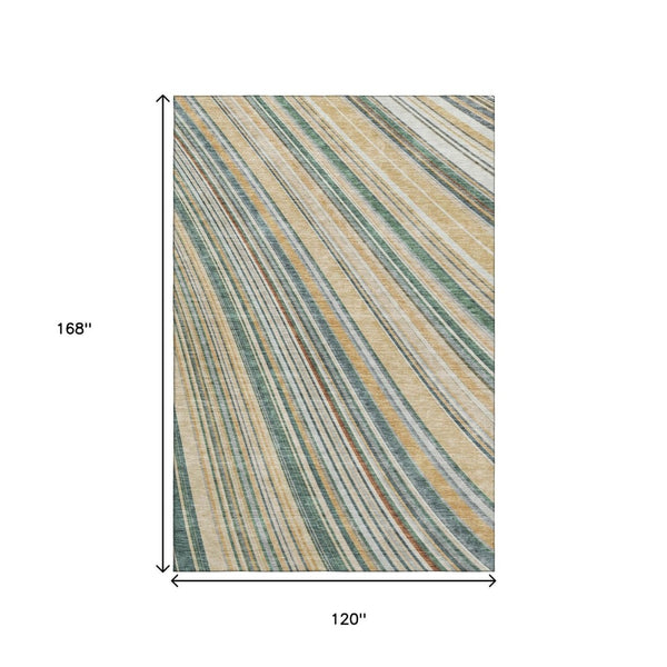 HomeRoots 10' X 14' Beige Gold Sage Striped Area Rug - Machine Washable, UV Resistant, Perfect for Busy Homes 677453