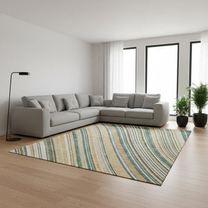 HomeRoots 10' X 14' Beige Gold Sage Striped Area Rug - Machine Washable, UV Resistant, Perfect for Busy Homes 677453