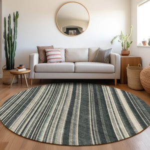 HomeRoots 8' Striped Washable Round Rug in Black, Gray, and Ivory - UV Protected, Durable & Stain Resistant! 677456