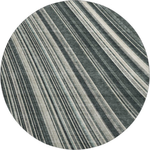 HomeRoots 8' Striped Washable Round Rug in Black, Gray, and Ivory - UV Protected, Durable & Stain Resistant! 677456