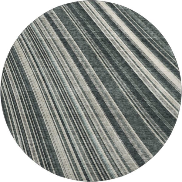 HomeRoots 8' Striped Washable Round Rug in Black, Gray, and Ivory - UV Protected, Durable & Stain Resistant! 677456