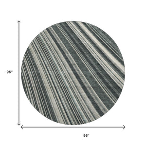 HomeRoots 8' Striped Washable Round Rug in Black, Gray, and Ivory - UV Protected, Durable & Stain Resistant! 677456