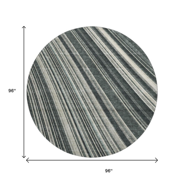 HomeRoots 8' Striped Washable Round Rug in Black, Gray, and Ivory - UV Protected, Durable & Stain Resistant! 677456