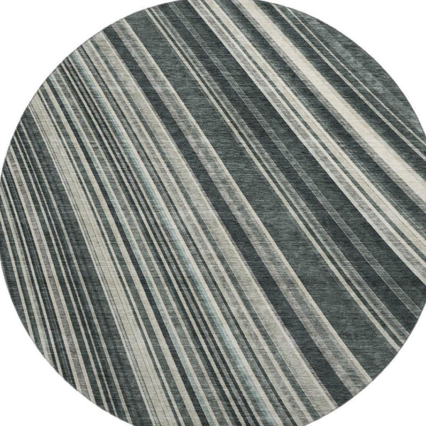 HomeRoots 8' Striped Washable Round Rug in Black, Gray, and Ivory - UV Protected, Durable & Stain Resistant! 677456