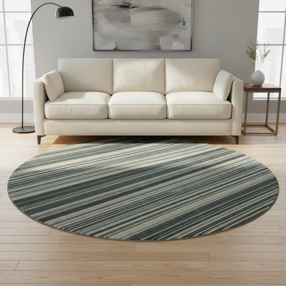 HomeRoots 8' Striped Washable Round Rug in Black, Gray, and Ivory - UV Protected, Durable & Stain Resistant! 677456