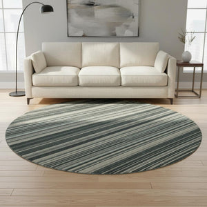 HomeRoots 8' Striped Washable Round Rug in Black, Gray, and Ivory - UV Protected, Durable & Stain Resistant! 677456