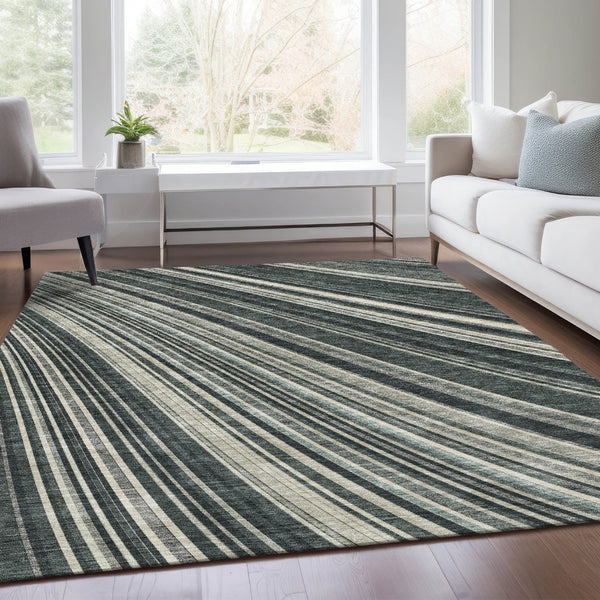 HomeRoots 8' X 10' Striped Washable Area Rug - Durable Black, Gray & Ivory Design with UV Protection & Easy Care 677457
