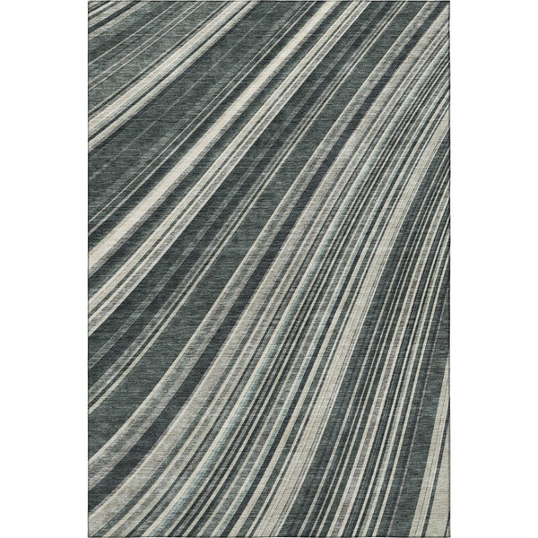 HomeRoots 9' X 12' Stylish Black Gray Ivory Striped Washable Area Rug with Stain Resistance & UV Protection 677458