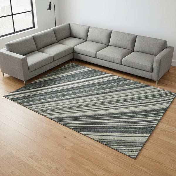 HomeRoots 10' Black, Gray & Ivory Striped Washable Area Rug - UV Protected, Durable, Easy-Care for High Traffic Areas 677459