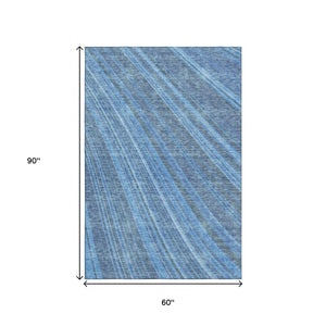 HomeRoots 5' X 8' Blue and Gray Striped Area Rug - Washable, UV Protected, Durable for Family Rooms & Patios 677461