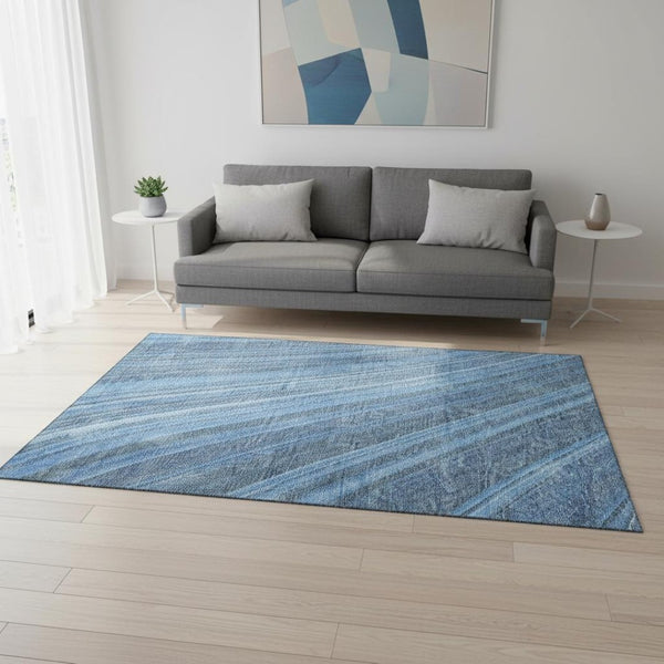 HomeRoots 5' X 8' Blue and Gray Striped Area Rug - Washable, UV Protected, Durable for Family Rooms & Patios 677461