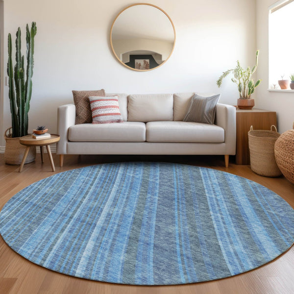 HomeRoots 8' Blue And Gray Striped Round Rug - Washable, UV-Protected, Durable, Stylish for Homes & Outdoors 677462