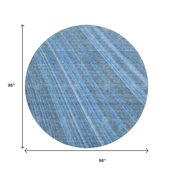 HomeRoots 8' Blue And Gray Striped Round Rug - Washable, UV-Protected, Durable, Stylish for Homes & Outdoors 677462