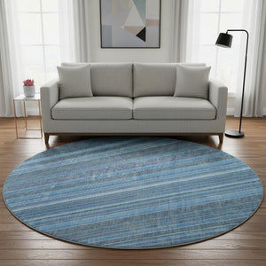 HomeRoots 8' Blue And Gray Striped Round Rug - Washable, UV-Protected, Durable, Stylish for Homes & Outdoors 677462