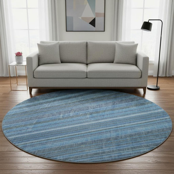 HomeRoots 8' Blue And Gray Striped Round Rug - Washable, UV-Protected, Durable, Stylish for Homes & Outdoors 677462