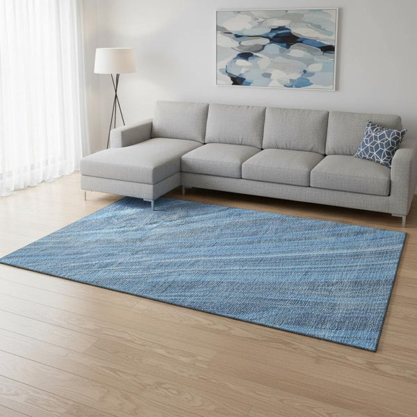 HomeRoots 9' X 12' Striped Blue & Gray Area Rug - Washable, UV-Protected, Durable for High-Traffic Spaces 677464