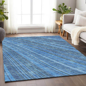 HomeRoots 9' X 12' Striped Blue & Gray Area Rug - Washable, UV-Protected, Durable for High-Traffic Spaces 677464