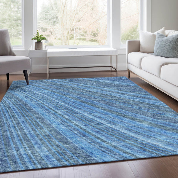 HomeRoots 9' X 12' Striped Blue & Gray Area Rug - Washable, UV-Protected, Durable for High-Traffic Spaces 677464