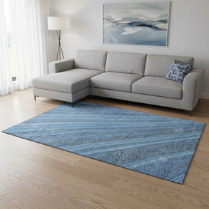 HomeRoots 10' X 14' Blue and Gray Striped Washable Area Rug with UV Protection for High-Traffic Spaces 677465