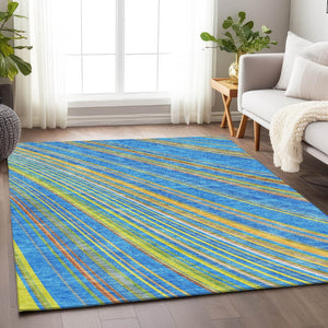 HomeRoots 5' X 8' Vibrant Denim Blue, Gold & Lime Green Striped Washable Area Rug with UV Protection & Durability 677467