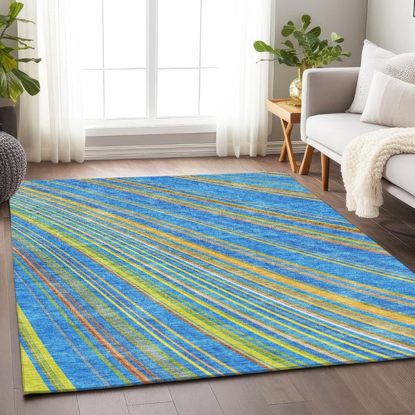 HomeRoots 5' X 8' Vibrant Denim Blue, Gold & Lime Green Striped Washable Area Rug with UV Protection & Durability 677467