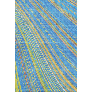 HomeRoots 5' X 8' Vibrant Denim Blue, Gold & Lime Green Striped Washable Area Rug with UV Protection & Durability 677467