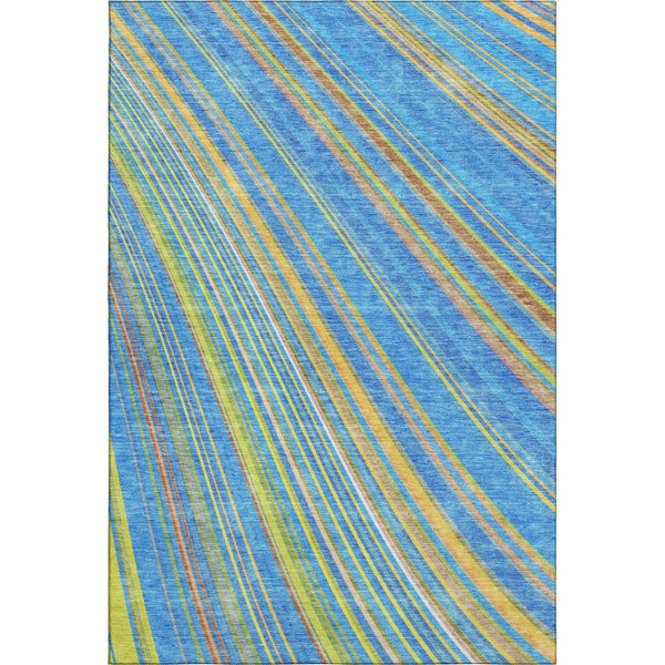 HomeRoots 5' X 8' Vibrant Denim Blue, Gold & Lime Green Striped Washable Area Rug with UV Protection & Durability 677467