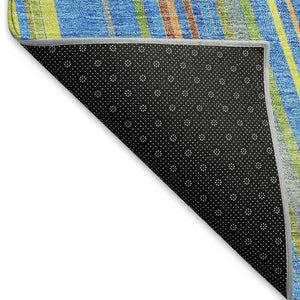 HomeRoots 5' X 8' Vibrant Denim Blue, Gold & Lime Green Striped Washable Area Rug with UV Protection & Durability 677467