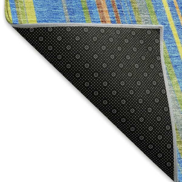 HomeRoots 5' X 8' Vibrant Denim Blue, Gold & Lime Green Striped Washable Area Rug with UV Protection & Durability 677467