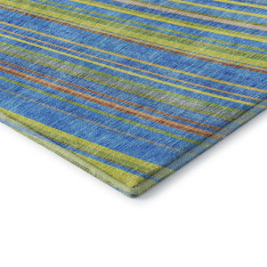 HomeRoots 5' X 8' Vibrant Denim Blue, Gold & Lime Green Striped Washable Area Rug with UV Protection & Durability 677467