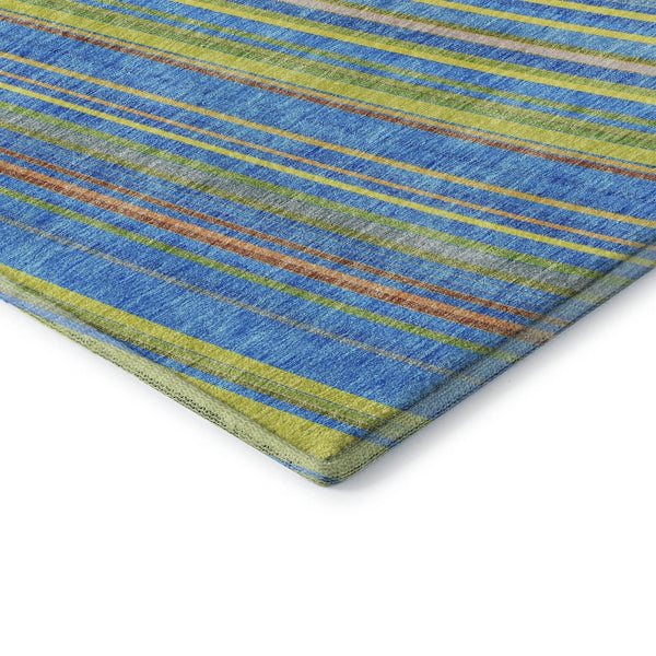 HomeRoots 5' X 8' Vibrant Denim Blue, Gold & Lime Green Striped Washable Area Rug with UV Protection & Durability 677467