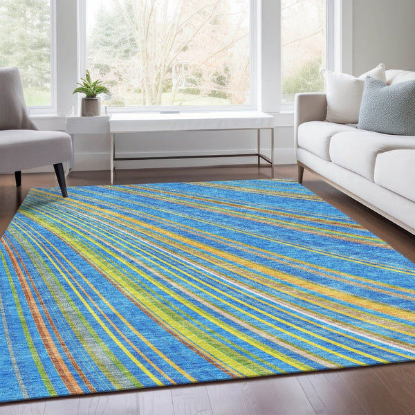 HomeRoots 5' X 8' Vibrant Denim Blue, Gold & Lime Green Striped Washable Area Rug with UV Protection & Durability 677467