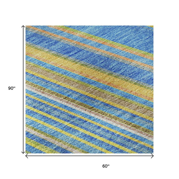 HomeRoots 5' X 8' Vibrant Denim Blue, Gold & Lime Green Striped Washable Area Rug with UV Protection & Durability 677467