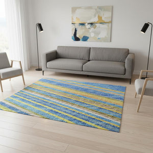 HomeRoots 5' X 8' Vibrant Denim Blue, Gold & Lime Green Striped Washable Area Rug with UV Protection & Durability 677467