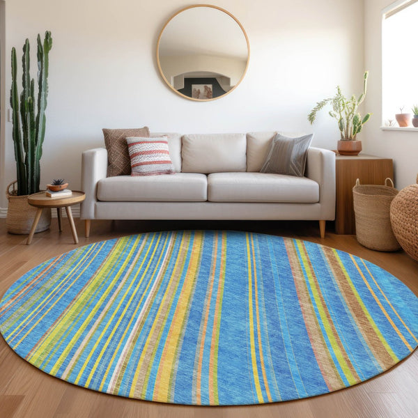 HomeRoots 8' Washable Round Rug in Denim Blue, Gold & Lime Green Stripes – Stain-Resistant & UV Protected! 677468