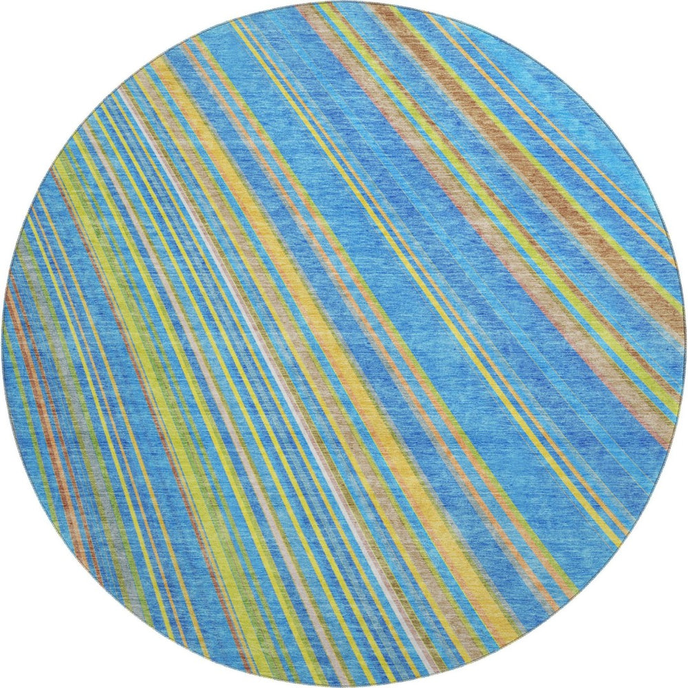 HomeRoots 8' Washable Round Rug in Denim Blue, Gold & Lime Green Stripes – Stain-Resistant & UV Protected! 677468