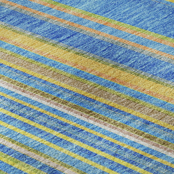 HomeRoots 8' Washable Round Rug in Denim Blue, Gold & Lime Green Stripes – Stain-Resistant & UV Protected! 677468