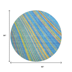 HomeRoots 8' Washable Round Rug in Denim Blue, Gold & Lime Green Stripes – Stain-Resistant & UV Protected! 677468