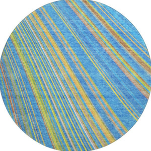HomeRoots 8' Washable Round Rug in Denim Blue, Gold & Lime Green Stripes – Stain-Resistant & UV Protected! 677468