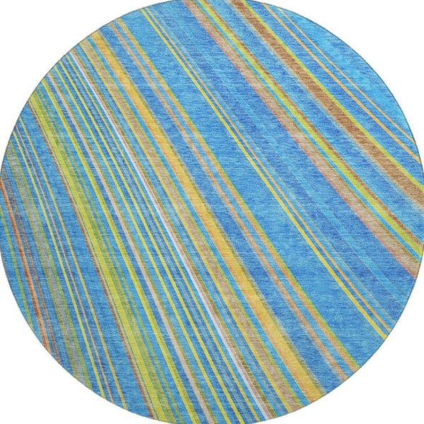 HomeRoots 8' Washable Round Rug in Denim Blue, Gold & Lime Green Stripes – Stain-Resistant & UV Protected! 677468