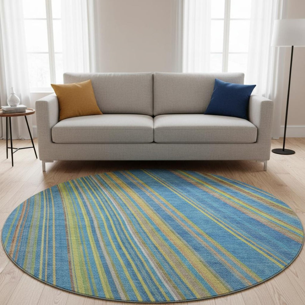HomeRoots 8' Washable Round Rug in Denim Blue, Gold & Lime Green Stripes – Stain-Resistant & UV Protected! 677468