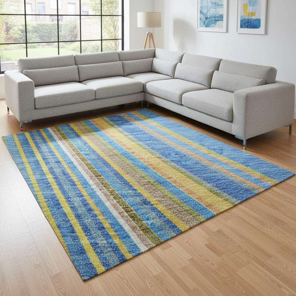 HomeRoots 9' X 12' Denim Blue Gold & Lime Green Striped Washable Area Rug with UV Protection & Durability 677470